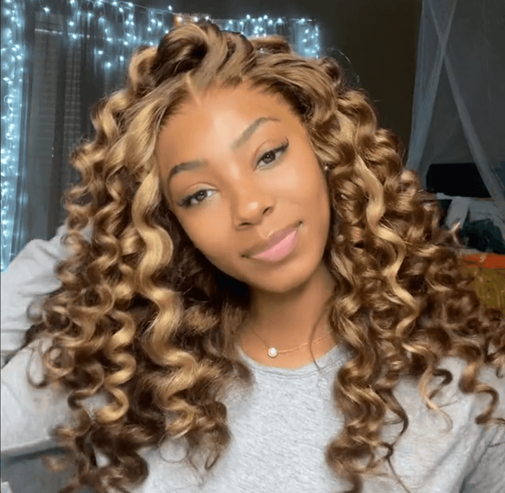 Highlight Honey Blonde Bouncy Curly Hair Lace Front Wand Curl Human Hair Wig