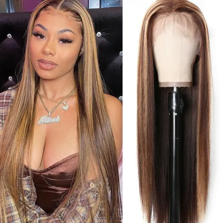 Honey Brown Highlight Pre Plucked Transparent Lace Front Wig Brazilian Straight Human Wig