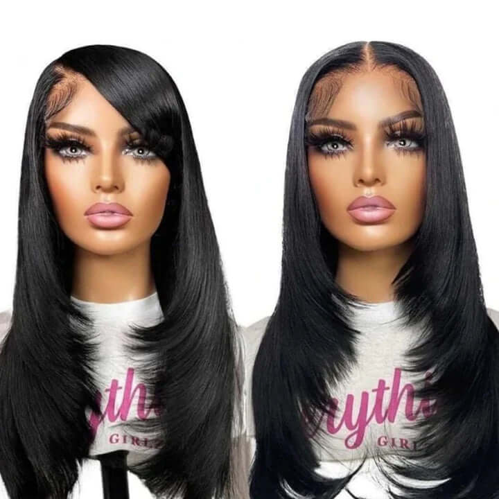 Inner Buckle Cute Straight 13x4 Lace Front Straight Butterfly Haircut Wig With Medium Length Layered Hair