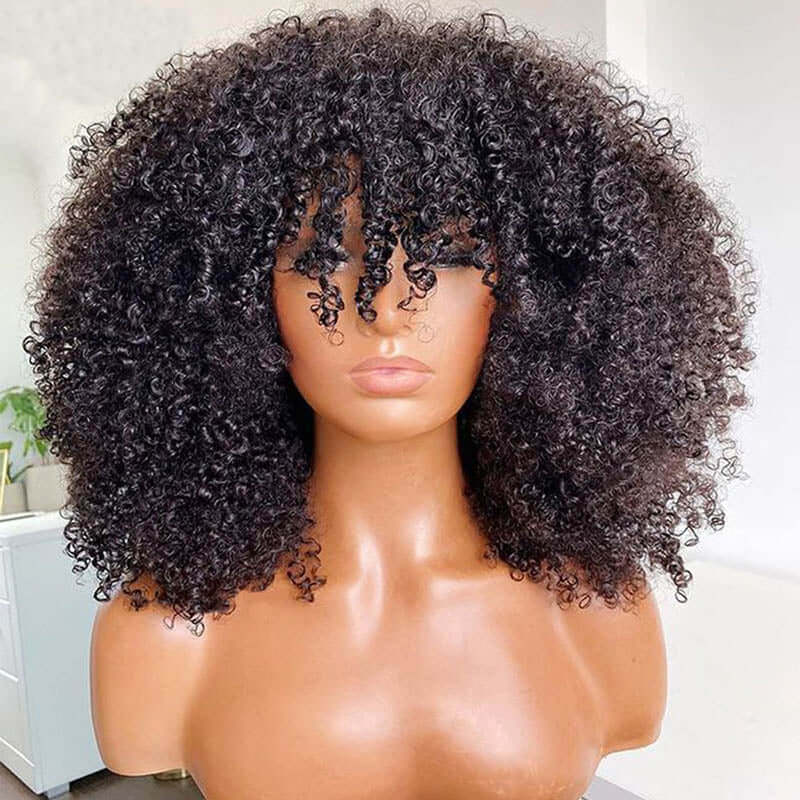 Ombre Highlight Brown Afro Kinky Curly Wig With Bangs Full Machine Made Wigs Remy Hair