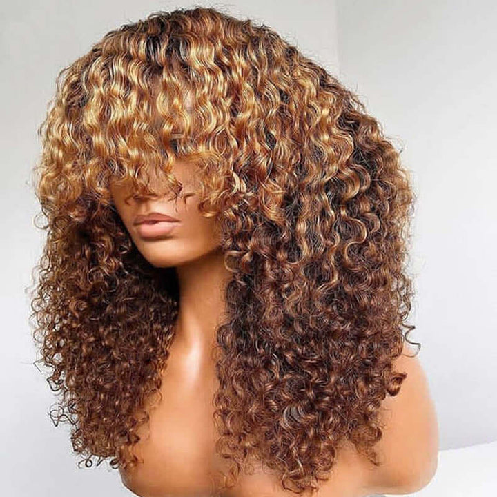 Ombre Highlight Brown Afro Kinky Curly Wig With Bangs Full Machine Made Wigs Remy Hair