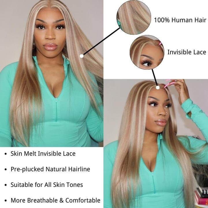 Perfect Flawless ash Blonde Straight Highlight Lace Frontal Wigs for Summer