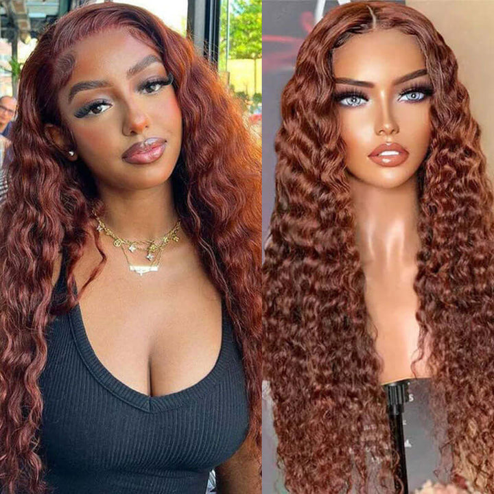 Water Wave Auburn Reddish Color Wig Transparent Lace Human Hair Wig