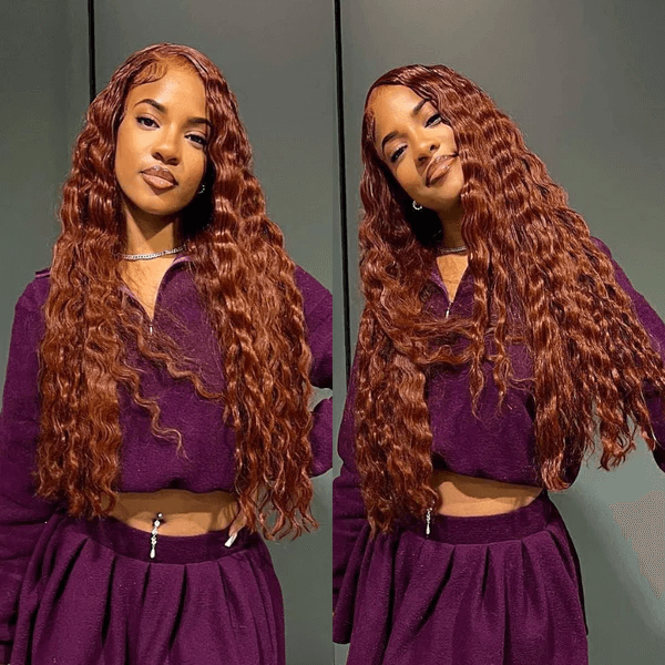 Water Wave Auburn Reddish Color Wig Transparent Lace Human Hair Wig