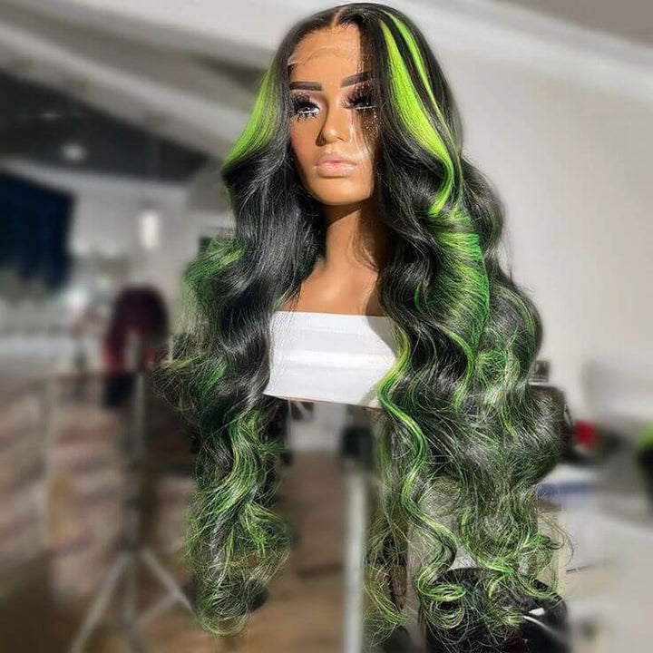 Highlight Green/Pink Body Wave Lace Front Wig Colored Brazilian Remy Virgin Hair Glueless Wig丨No Code Need