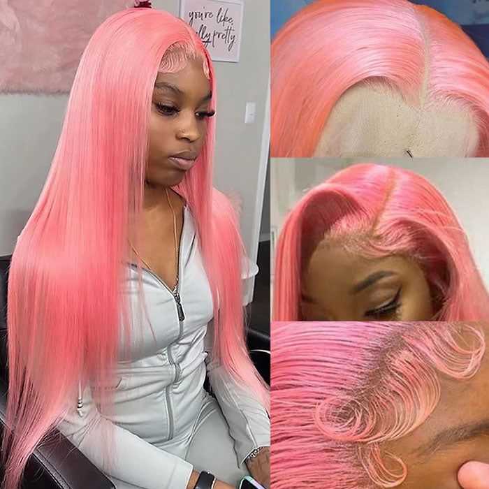 Bone Straight 13x4 Lace Front Wig Human Hair With Layer Inner Buckle Omber Pink Color Wig