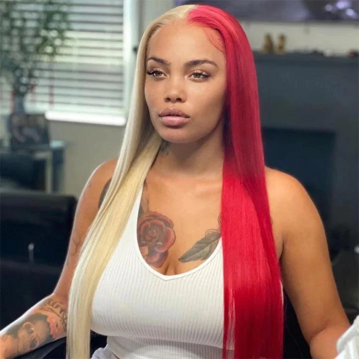 Half Blond and Half Pink/Red Color Straight Lace Front Wig