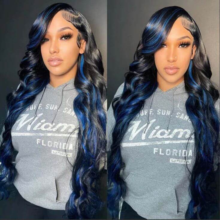 Glueless Highlight Blue Body Wave Transparent Lace Front Color Wigs Human Hair Wigs For Women