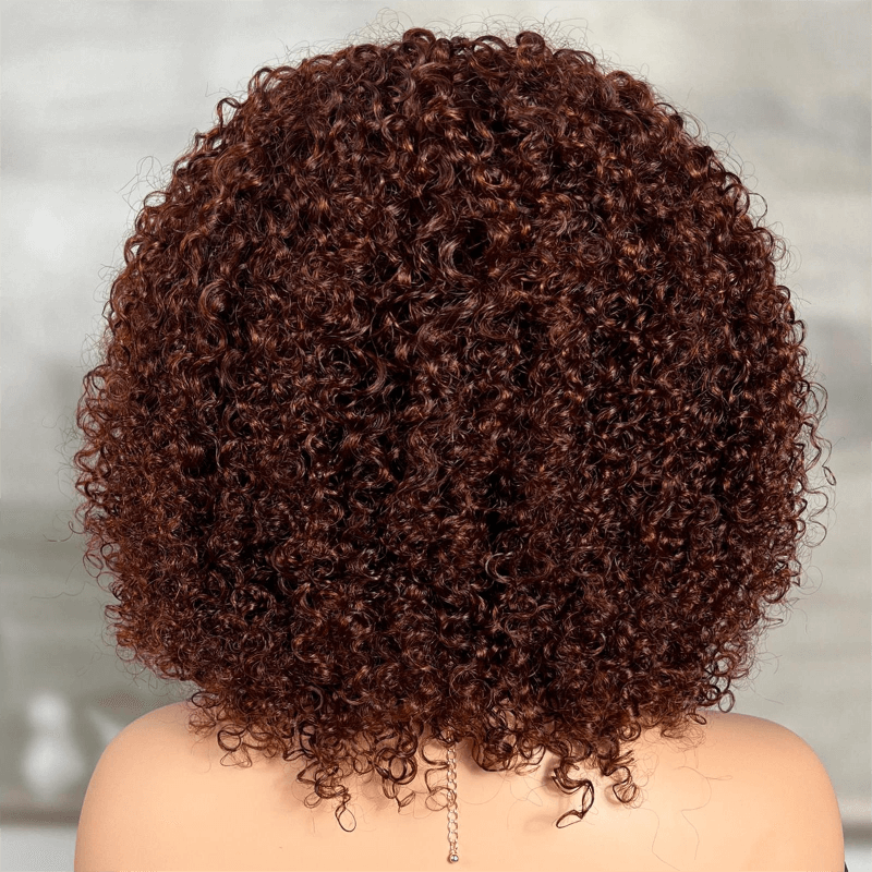 Glueless Ready To Wear Dark Auburn Short Curly Afro Wig With Bangs Machine Made Human Hair Wigs