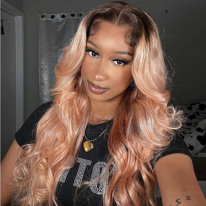 Champagne Rose Body Wave Human Hair with Brown Roots Color Hair Wigs