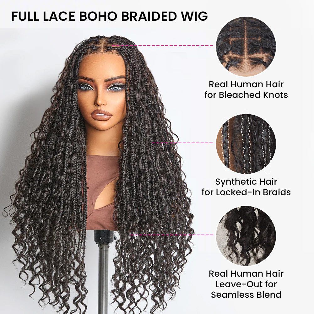 30 Inch Long Invisi Drawstring Cap Glueless Full Lace Knotless Boho Curls Braided Wig