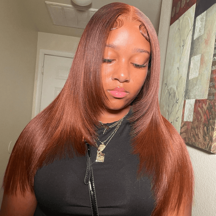 Glueless Layered Cut Reddish Brown 13x4 13x6 Undetectable Lace Front 100% Human Hair Wig