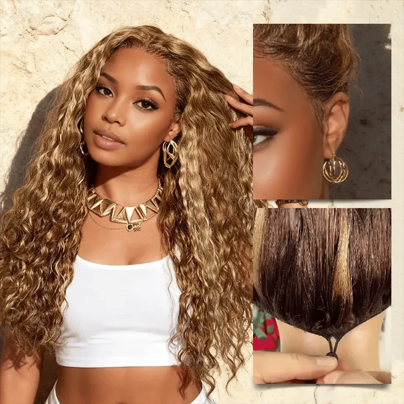 Honey Blonde Highlight Water Wave Pull Go 13x6 And Full Pull Go 13x4 Skin Lace Wig Tiny Knots Glueless Wig