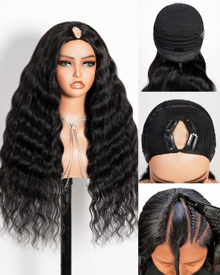 Drawstring Pull Go Wig | Deep Wave Curly V Part Glueless Wig Beginner Friendly Undetectable Leave Out Natural Scalp Thick Human Hair Blinghair