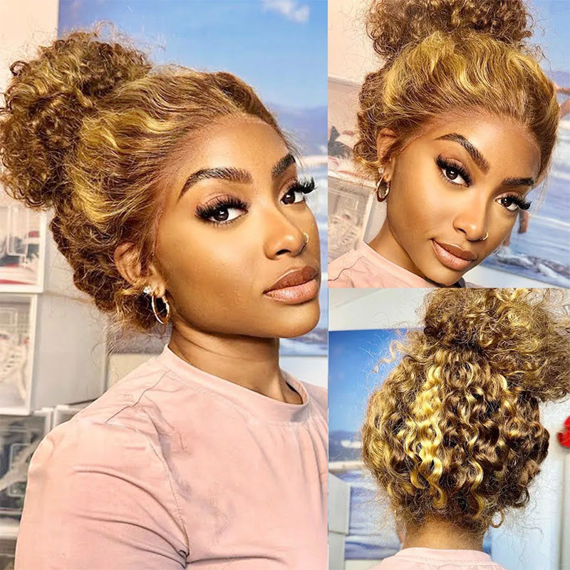 Invisible Strap Water Wave Highlight 360 Glueless Lace Frontal Human Hair Wigs