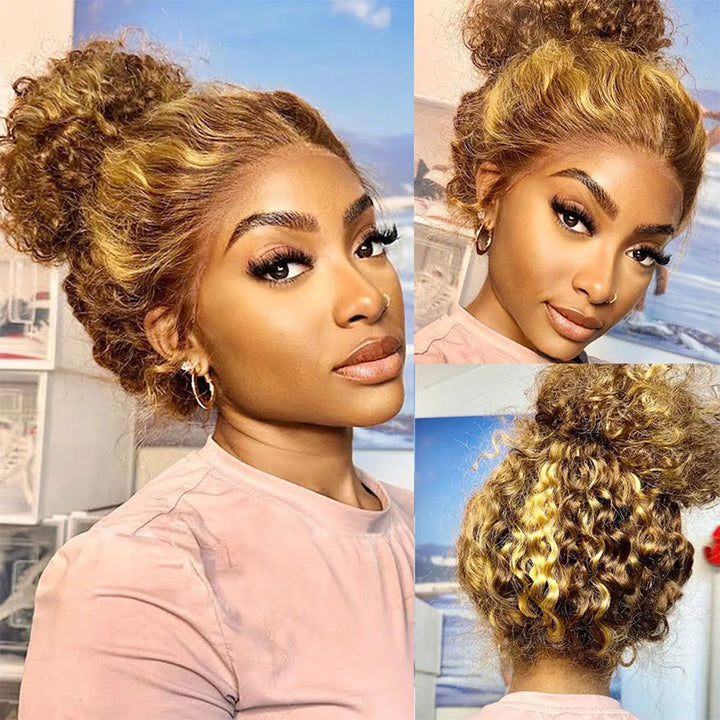 Invisible Strap Water Wave Highlight 360 Glueless Lace Frontal Human Hair Wigs