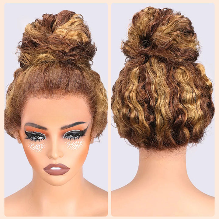 Invisible Strap Water Wave Highlight 360 Glueless Lace Frontal Human Hair Wigs