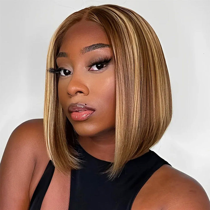 Super Sale P4/27 Highlight Human Hair Wigs Honey Blonde and Brown Bob Lace Front Wig