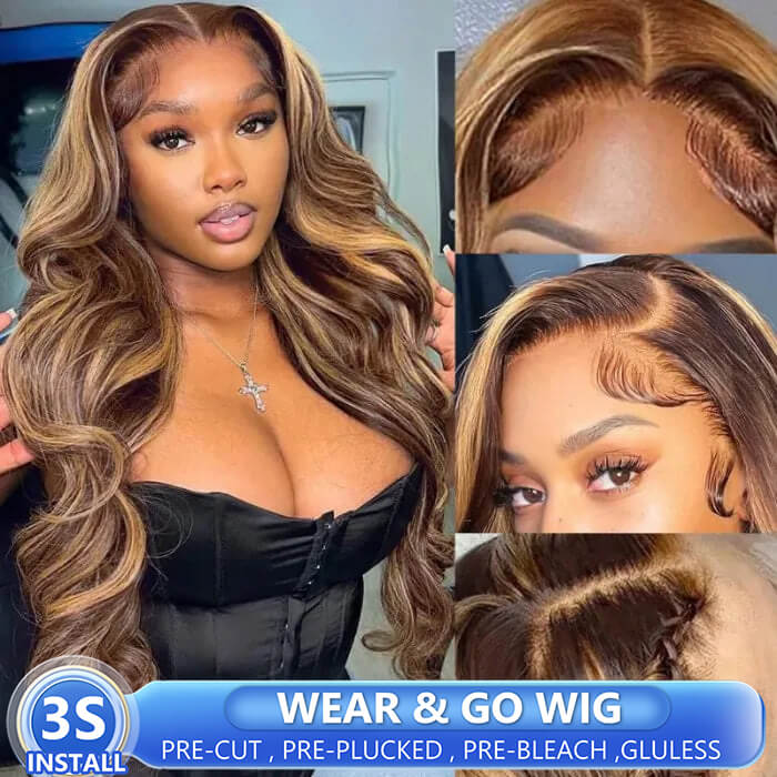 Wear Go Pre Cut Lace Honey Blonde Highlights Body Wave Air Wig
