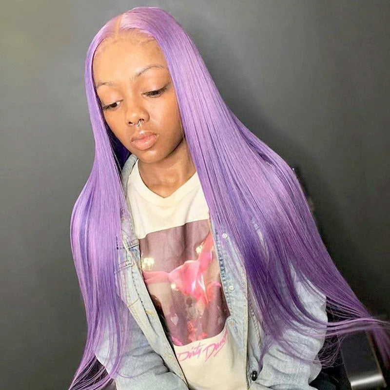 Purple Colored Straight Brazilian Virgin Hair Transparent Human Hair Lace Wigs