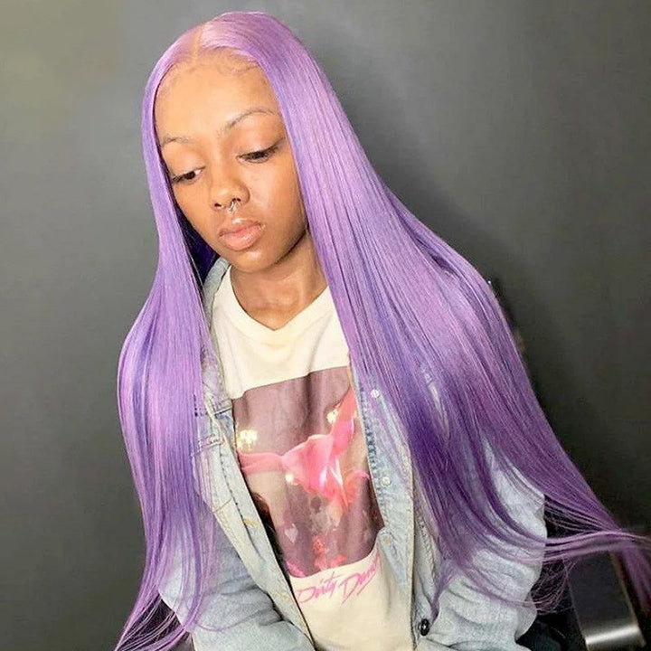Purple Colored Straight Brazilian Virgin Hair Transparent Human Hair Lace Wigs