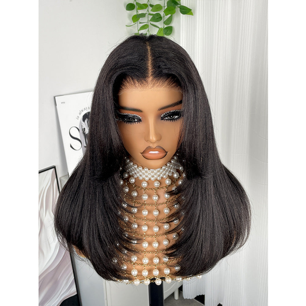 Curtain Bangs Glueless Human Hair Wigs Layered Cut 250% Density 6x4 Lace Closure Wig Yaki Straight