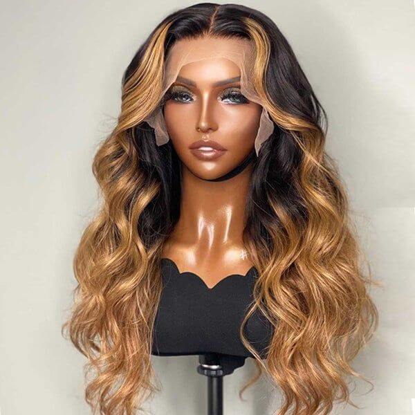 Ombre Brown Color Highlight Wigs Body Wave Style Lace Front Glueless Wigs