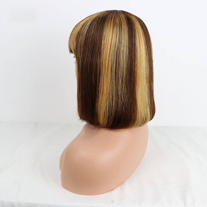 Straight Human Hair Bob Wig With Neat Bangs Glueless Machine Made Virgin Hair Wigs Clearance Sale
