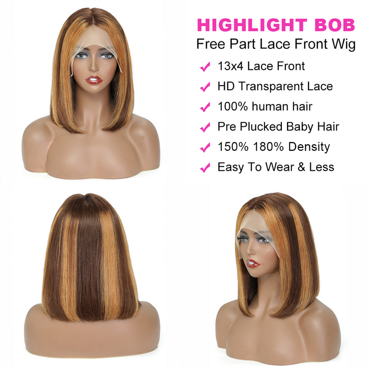 Super Sale P4/27 Highlight Human Hair Wigs Honey Blonde and Brown Bob Lace Front Wig