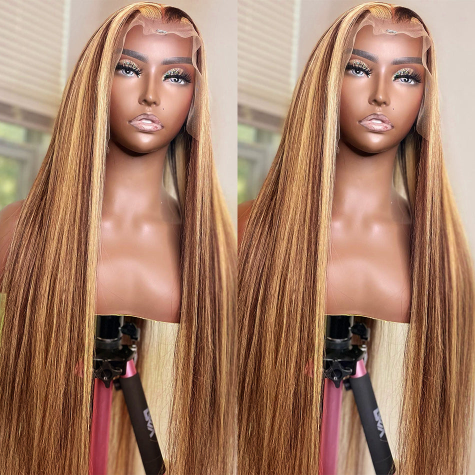 Straight Highlight Lace Front Wig Honey Blonde and Brown Colored Human Hair Wigs