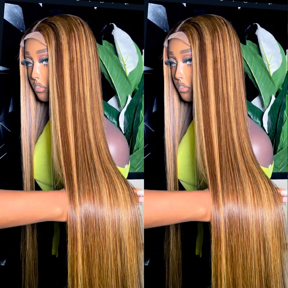 Straight Highlight Lace Front Wig Honey Blonde and Brown Colored Human Hair Wigs