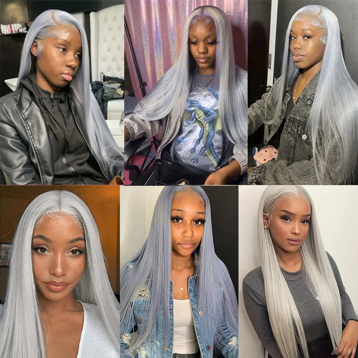 Super Sale Transparent Lace Frontal Wig Brazilian Straight Wig Silver Grey Lace Front Colored Human Hair Wigs