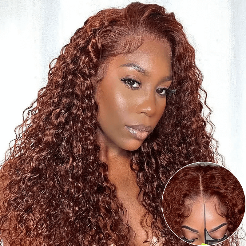 Reddish Brown Kinky Curly 6x4 Pre-Cut Breathable Cap Lace Front Human Hair Wig Easy to Wear