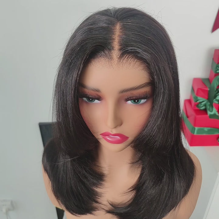 Curtain Bangs Glueless Human Hair Wigs Layered Cut 250% Density 6x4 Lace Closure Wig Yaki Straight