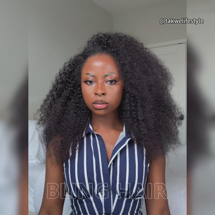 [No Code Needed] Kinky Curly Human Hair Half Wig With Drawstring 3 IN 1 Seamless Clip Ins Flip Over