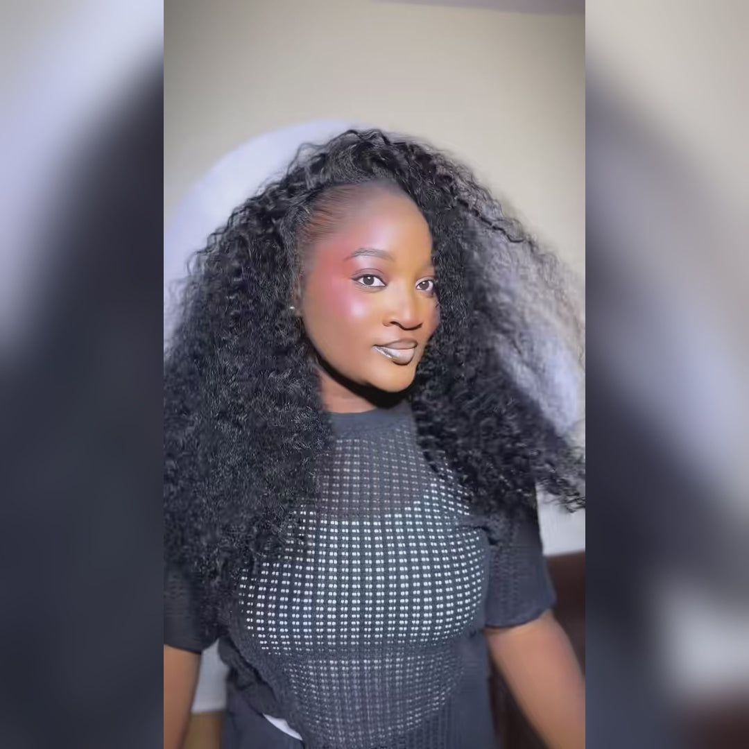 [No Code Needed] Burmese Curly Half Wig Human Hair Flip Over Drawstrings Glueless Wig