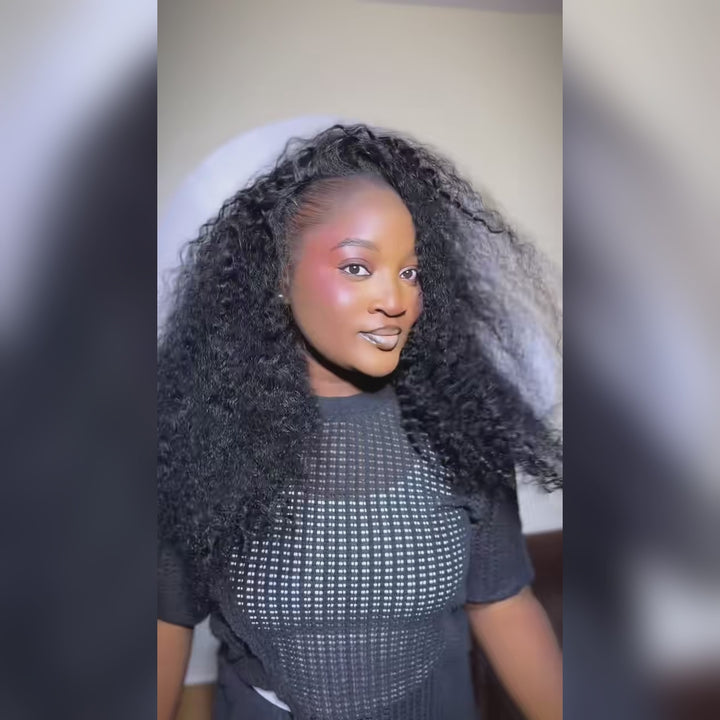 [No Code Needed] Burmese Curly Half Wig Human Hair Flip Over Drawstrings Glueless Wig