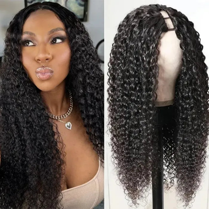 U Part Wig Human Hair Glueless Jerry Curly No Sew In No Gel NO Leave Out Beginner Friendly