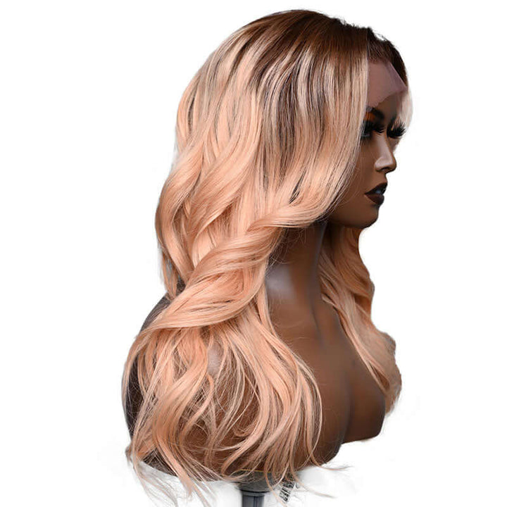 Champagne Rose Body Wave Human Hair with Brown Roots Color Hair Wigs