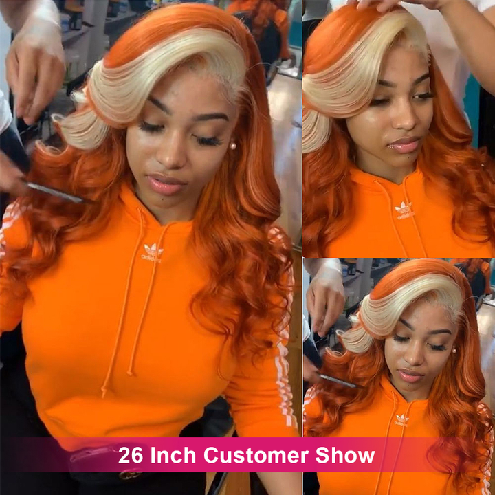 Orange With Brown Highlight Virgin Wigs Body Wave Transparent Lace Wigs 100% Human Hair must to have