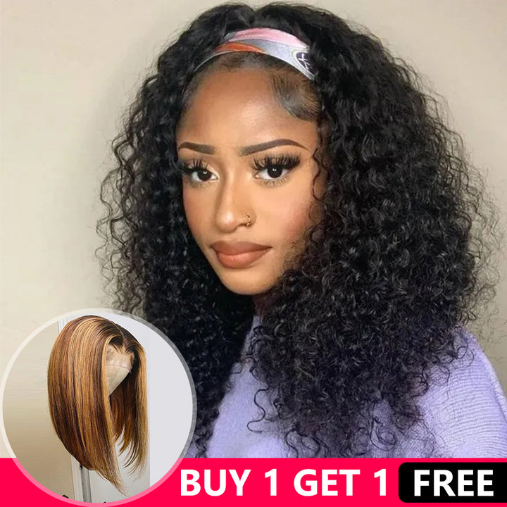 Buy One Get One Free Headband Curly Wig Plus 4x4 Lace Frontal Piano Color Wig 10Inch