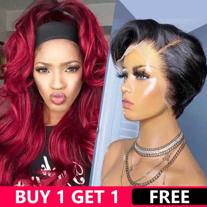 Buy One Get One Free Headband 99J Body Wave Wigs Plus Pixie Cut Bob Wig