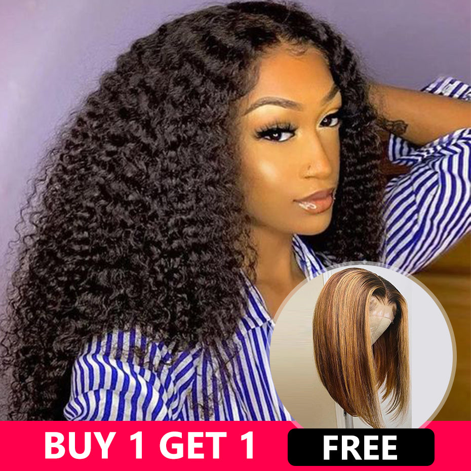 Buy One Get One Free V Part Curly Wig Plus Transparent 13x4 Lace Frontal Piano Color Bob Wig