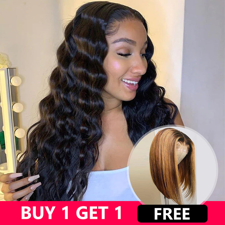 Buy One Get One Free 13x4  Loose Deep Lace Front Wig Plus 4x4 Lace Frontal Piano Color Bob Wig