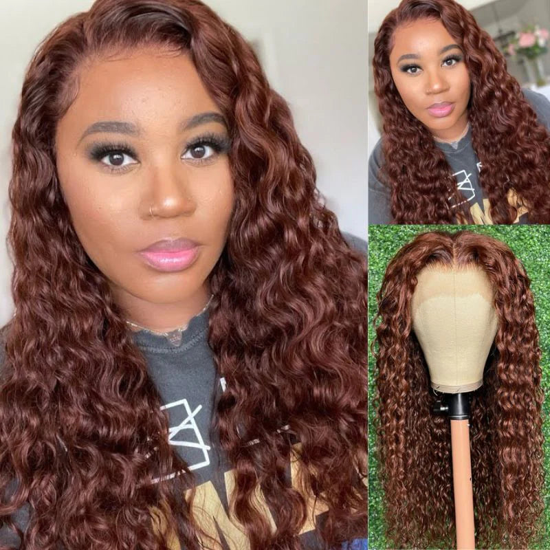 Curly Reddish Brown Lace Front Wig Human Hair Auburn Copper Color for Women