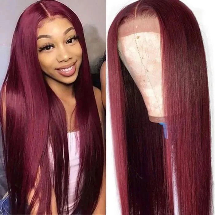 99J Burgundy Virgin Straight 13x4 Lace Frontal Part Wig Pre Plucked 150% Density | Special Perks