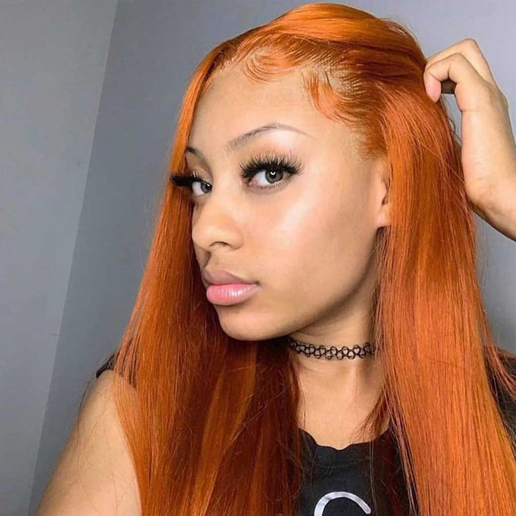 Ginger Orange Straight Human Hair Transparent Lace Front Wig