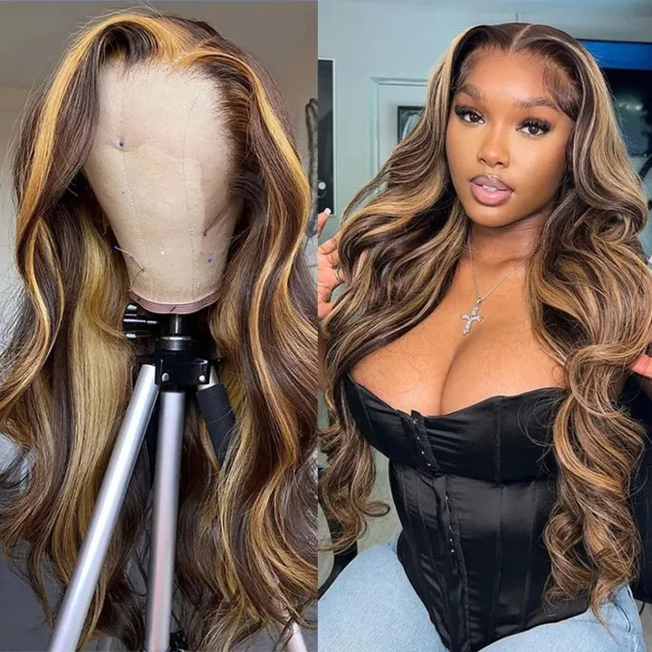 32Inch Balayage Highlight Honey Blonde Body Wave Lace Front Wig 13x4 Colored Human Hair Wigs