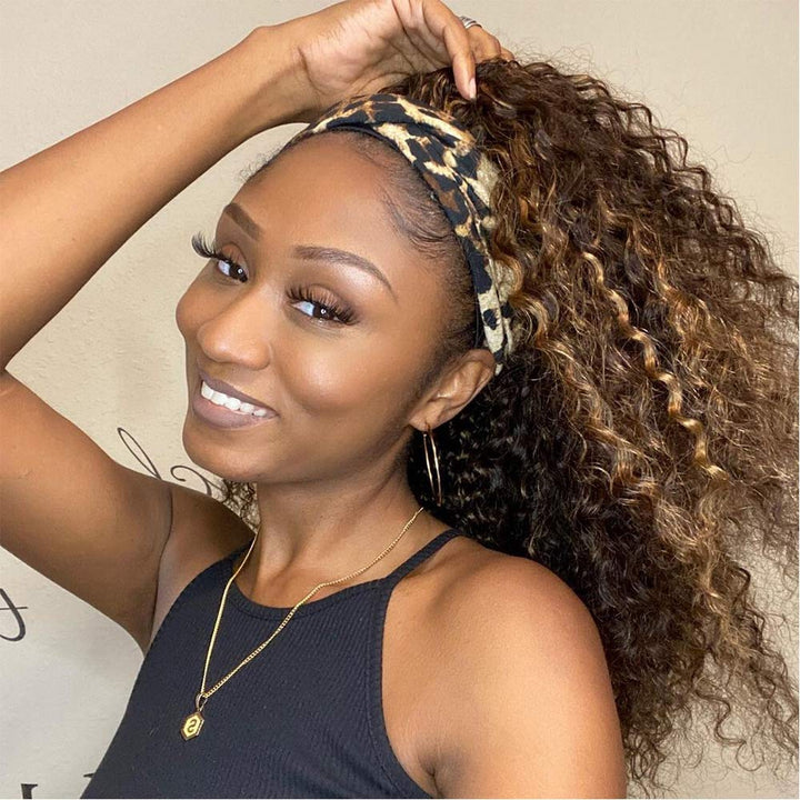 Brazilian Curly highlight Wig Ombre #4/27 Ombre Color Glueless Headband Human Hair Wigs Bling Hair