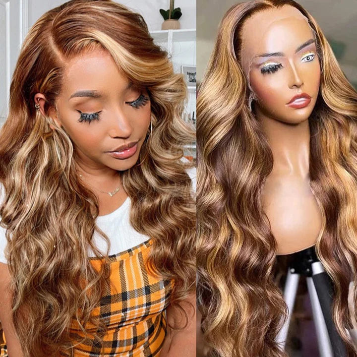 13x4 HD Lace Front Body Wave Wig Honey Blonde Piano Highlights Transparent Human Hair Wigs 250% Density Free Part